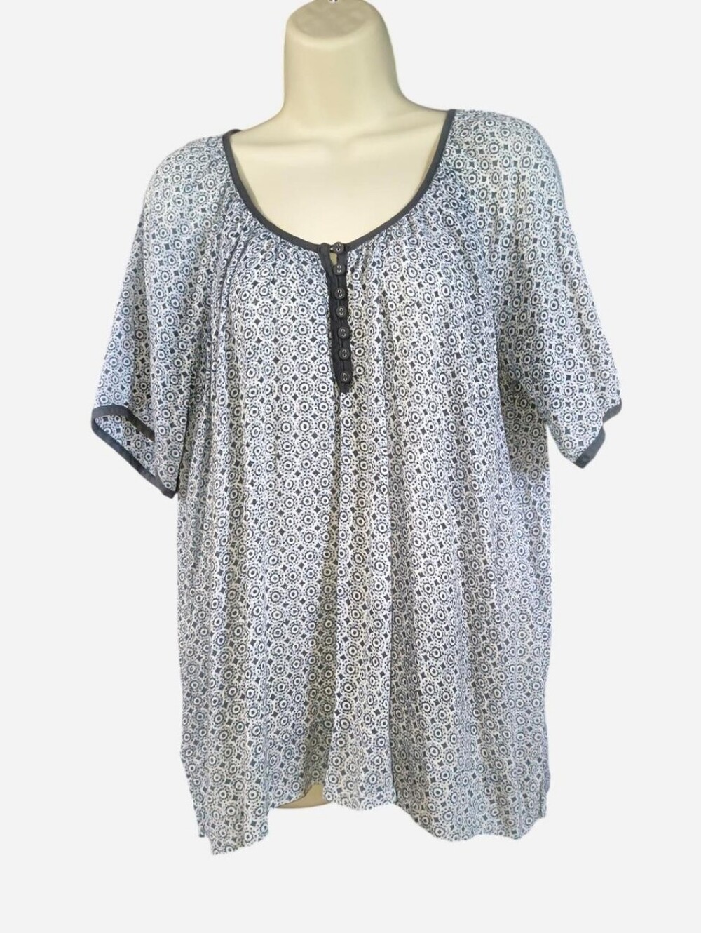Poetry Navy & White Geometric Button-Front Blouse